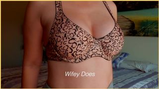 MILF cute lingerie. Humongous breasts in leopard print bra
