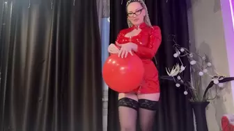 Looner whore in glasses and red PVC dress lick HUMONGOUS red balloon and pop it with bum. DM to get full