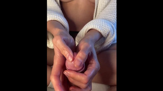 Pretty Wifey Jerks Monstrous Rod Until He Cumming Hard on Her Hands