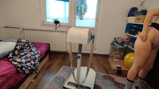 Charming MILF, hairy vagina, giant behind, vacuum cleaner in empty house. Hispanic with enormous hairy melons.
