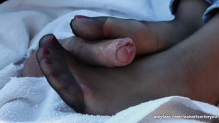 Mistress takes her time with nylon footjob and got twice nut