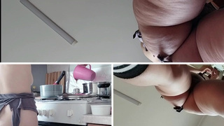 Fine ex-wife naked preparing food in the kitchen. Brunette hairy cunt, monstrous bum, humongous titties.