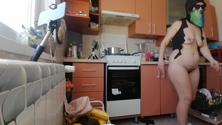 Hairy brunette milf, huge titties, sensual hairy woman in the kitchen.