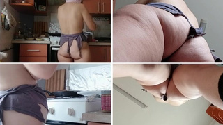 Amateurs wifey prepares breakfast naked, hairy snatch, massive breasts.