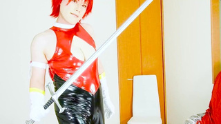 Chinese Cosplay Hottie Honey in Shiny PVC – Red & Ebony Cosplay Action - Crossdressing