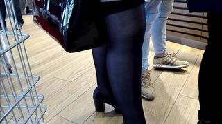 Chubby slut with ebony pantyhose and heels shoes